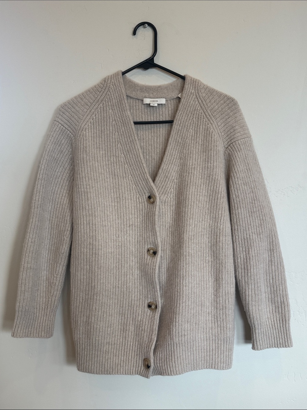 Vince Wool and Cashmere Knit Ribbed Cardigan in Beige size Small Petite